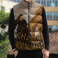 Greek Mythology Chaos Sleeveless Puffer Jacket Ancient Temple Ruins Classical Art Greek Key Pattern