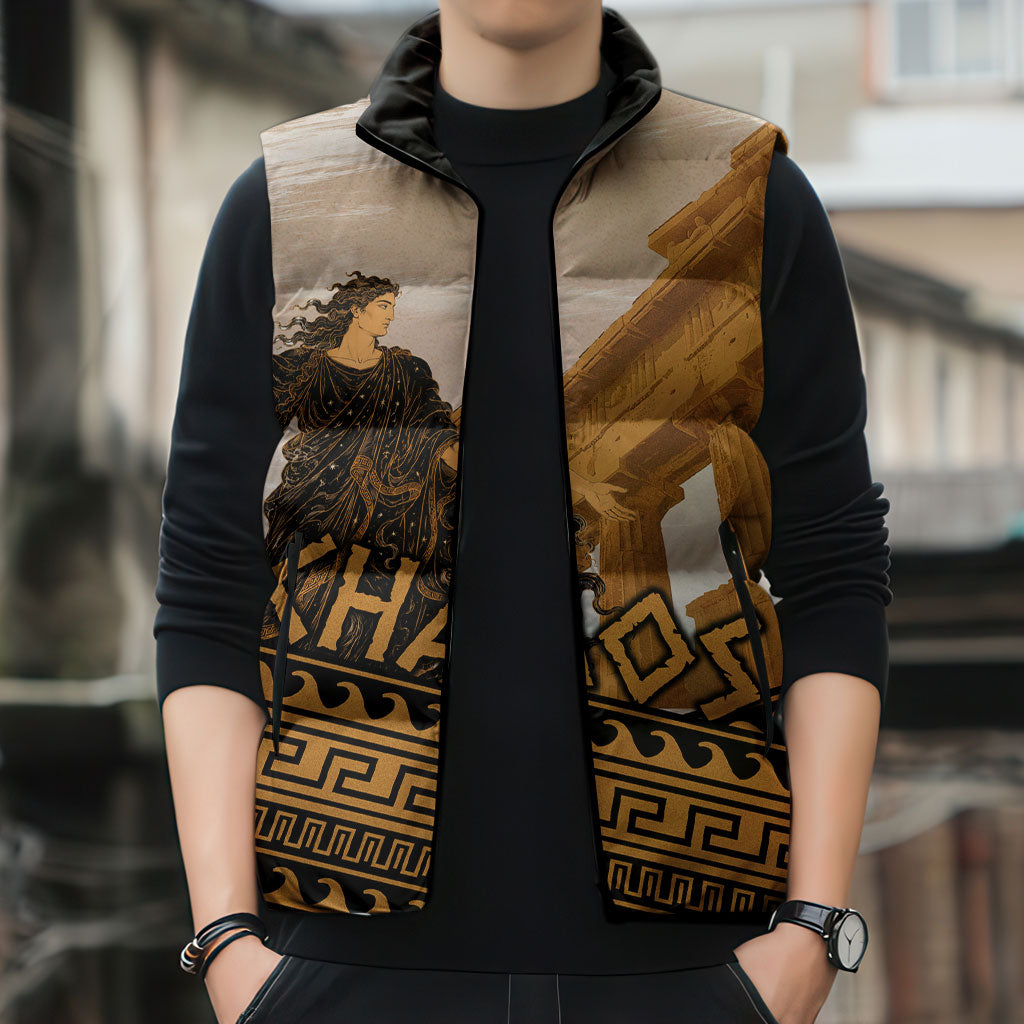 Greek Mythology Chaos Sleeveless Puffer Jacket Ancient Temple Ruins Classical Art Greek Key Pattern