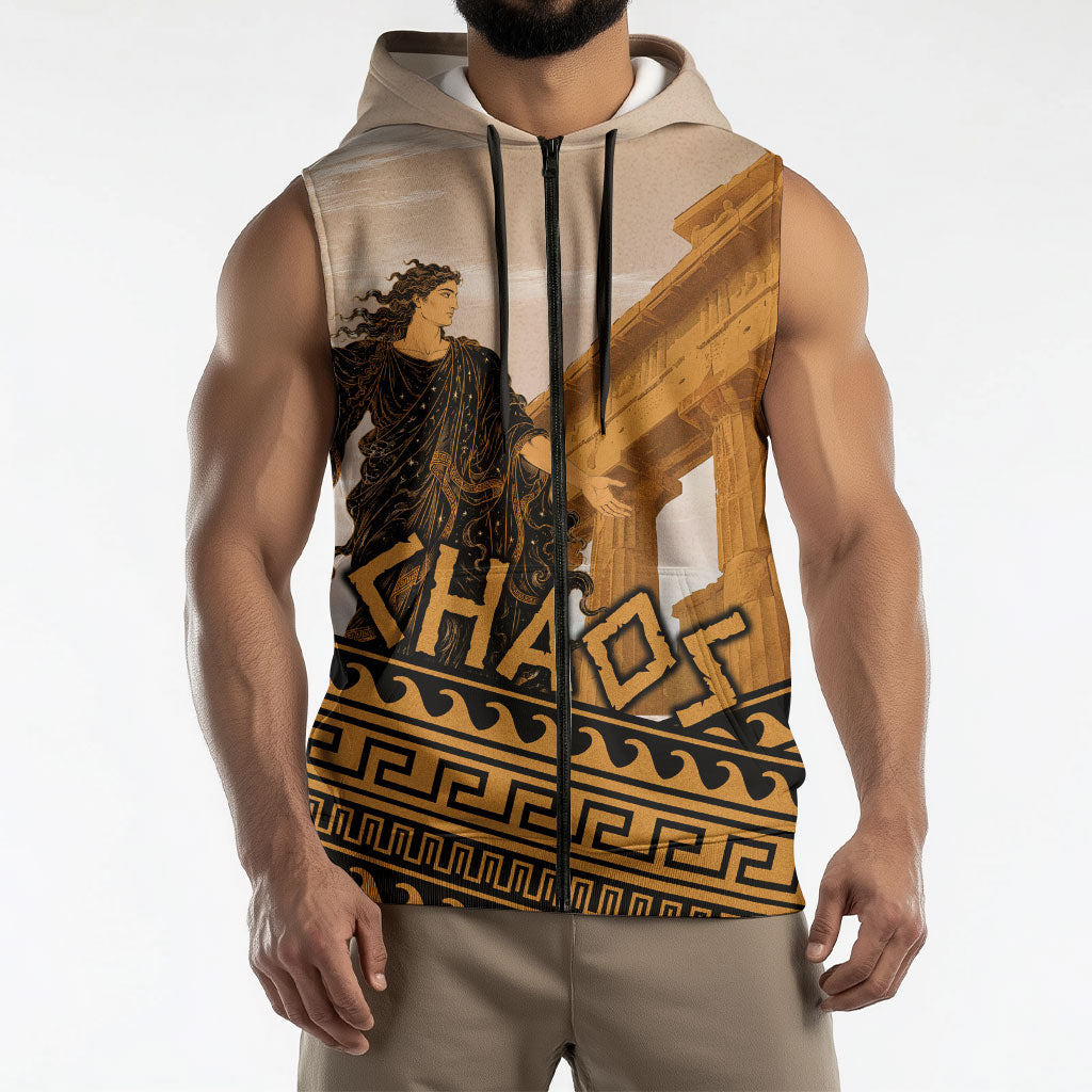 Greek Mythology Chaos Sleeveless Zip Hoodie Ancient Temple Ruins Classical Art Greek Key Pattern