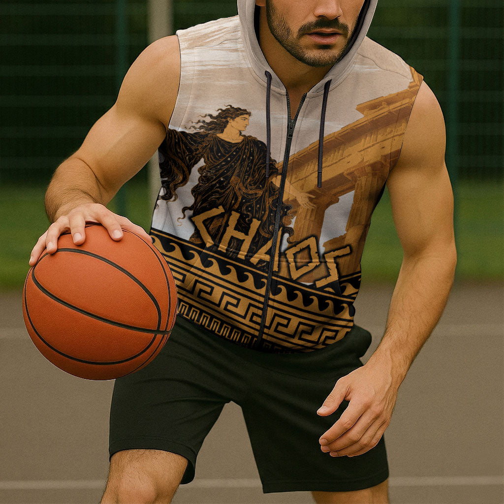 Greek Mythology Chaos Sleeveless Zip Hoodie Ancient Temple Ruins Classical Art Greek Key Pattern