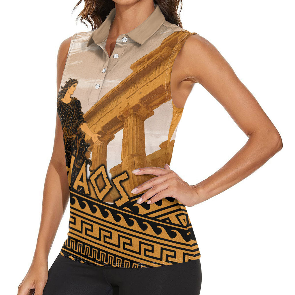 Greek Mythology Chaos Women Sleeveless Polo Shirt Ancient Temple Ruins Classical Art Greek Key Pattern