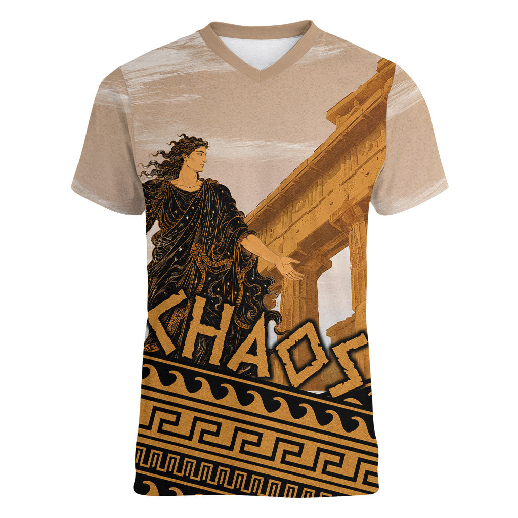 Greek Mythology Chaos Women V-Neck T-Shirt Ancient Temple Ruins Classical Art Greek Key Pattern