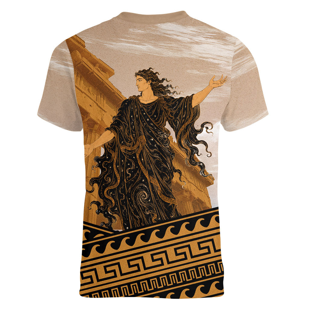 Greek Mythology Chaos Women V-Neck T-Shirt Ancient Temple Ruins Classical Art Greek Key Pattern