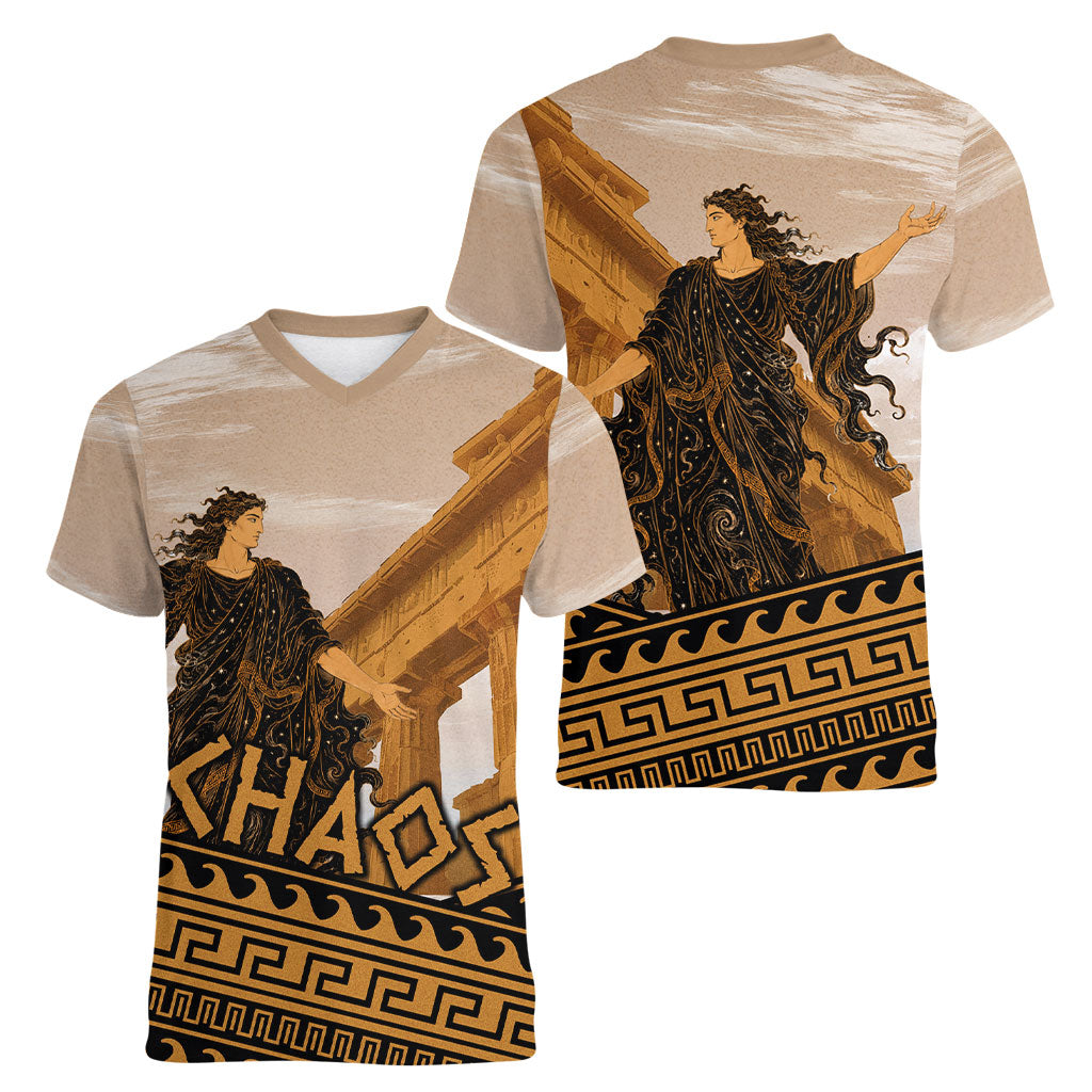 Greek Mythology Chaos Women V-Neck T-Shirt Ancient Temple Ruins Classical Art Greek Key Pattern