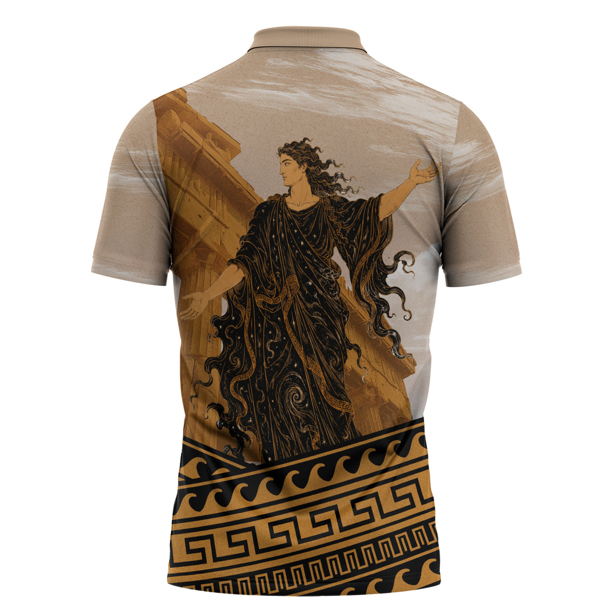 Greek Mythology Chaos Zipper Polo Shirt Ancient Temple Ruins Classical Art Greek Key Pattern