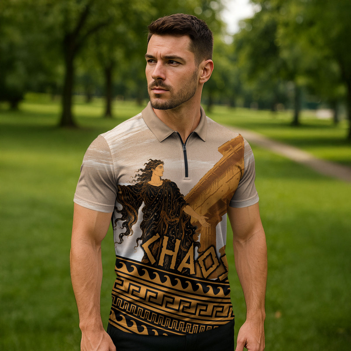 Greek Mythology Chaos Zipper Polo Shirt Ancient Temple Ruins Classical Art Greek Key Pattern