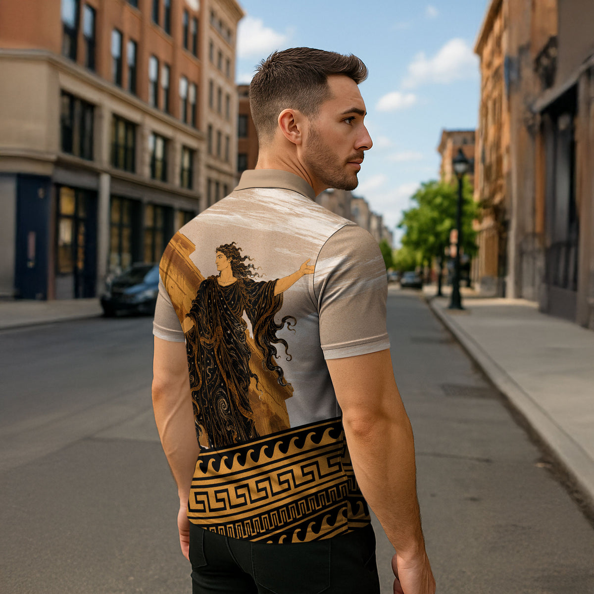 Greek Mythology Chaos Zipper Polo Shirt Ancient Temple Ruins Classical Art Greek Key Pattern