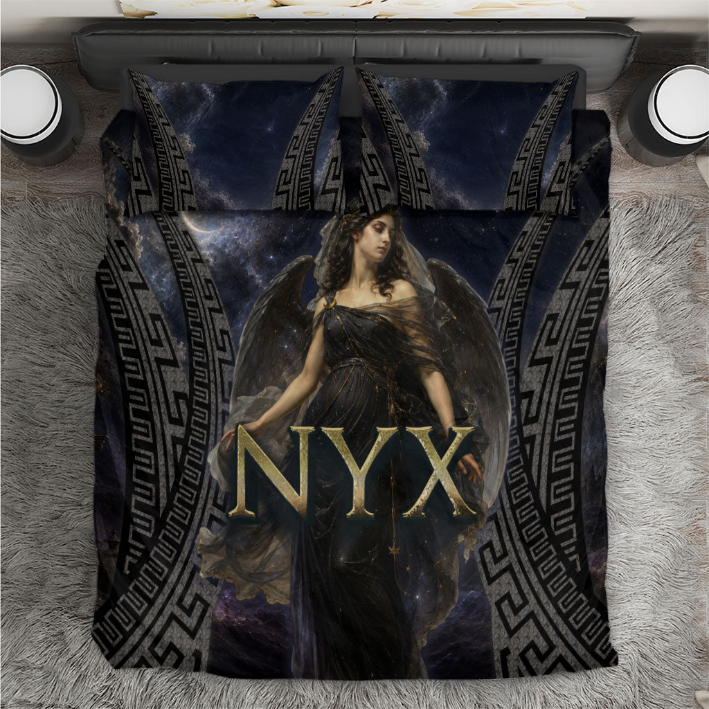 Greek Mythology Nyx Bedding Set Celestial Starry Night Classical Art Greek Key