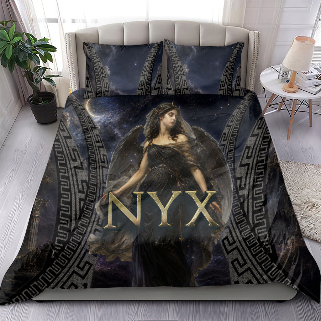 Greek Mythology Nyx Bedding Set Celestial Starry Night Classical Art Greek Key
