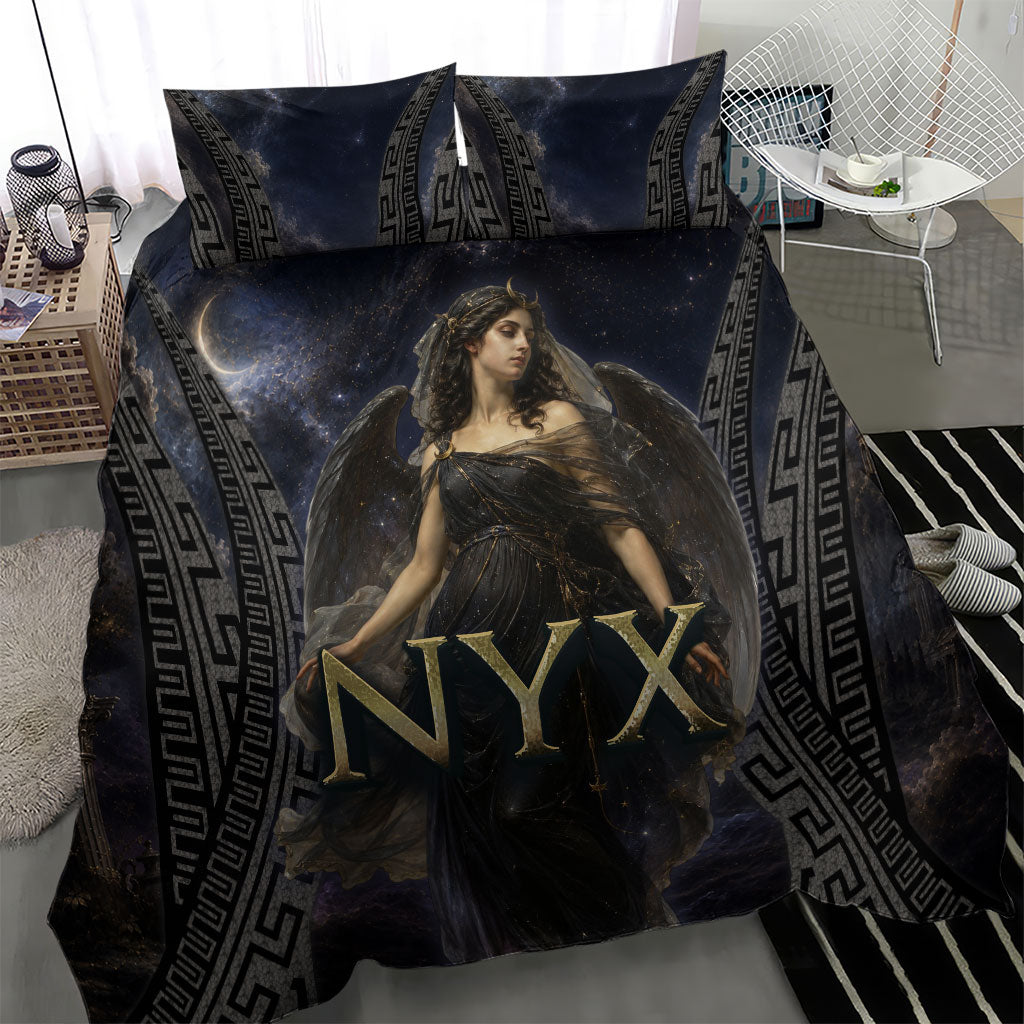 Greek Mythology Nyx Bedding Set Celestial Starry Night Classical Art Greek Key