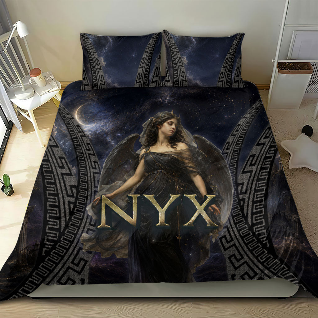Greek Mythology Nyx Bedding Set Celestial Starry Night Classical Art Greek Key