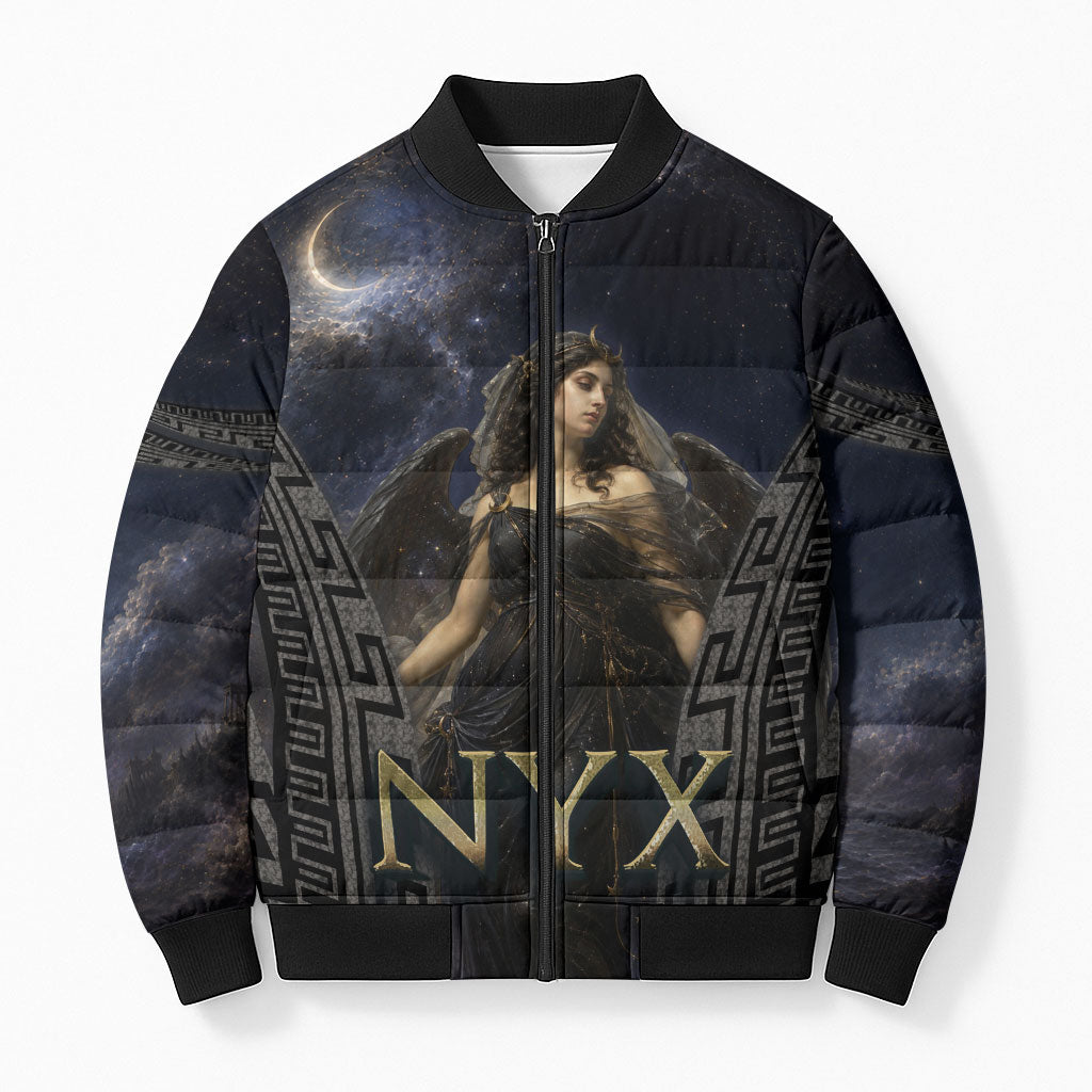 Greek Mythology Nyx Bomber Puffer Jacket Celestial Starry Night Classical Art Greek Key