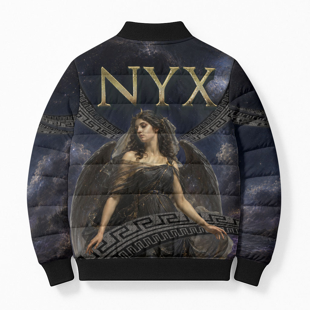 Greek Mythology Nyx Bomber Puffer Jacket Celestial Starry Night Classical Art Greek Key