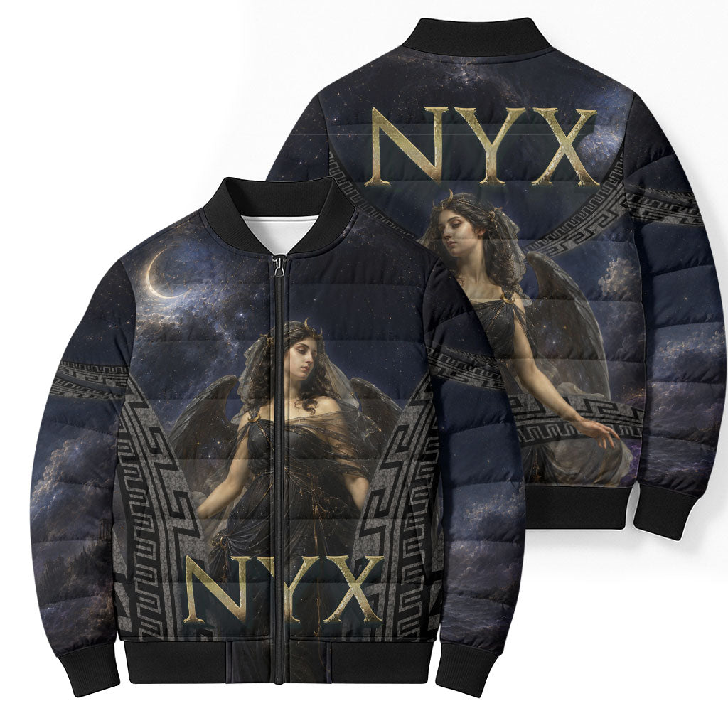 Greek Mythology Nyx Bomber Puffer Jacket Celestial Starry Night Classical Art Greek Key