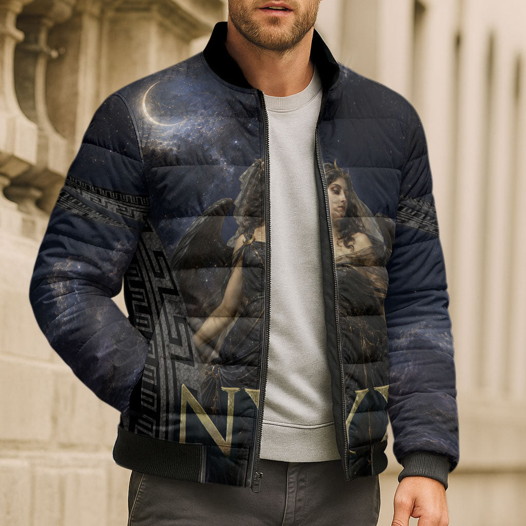 Greek Mythology Nyx Bomber Puffer Jacket Celestial Starry Night Classical Art Greek Key