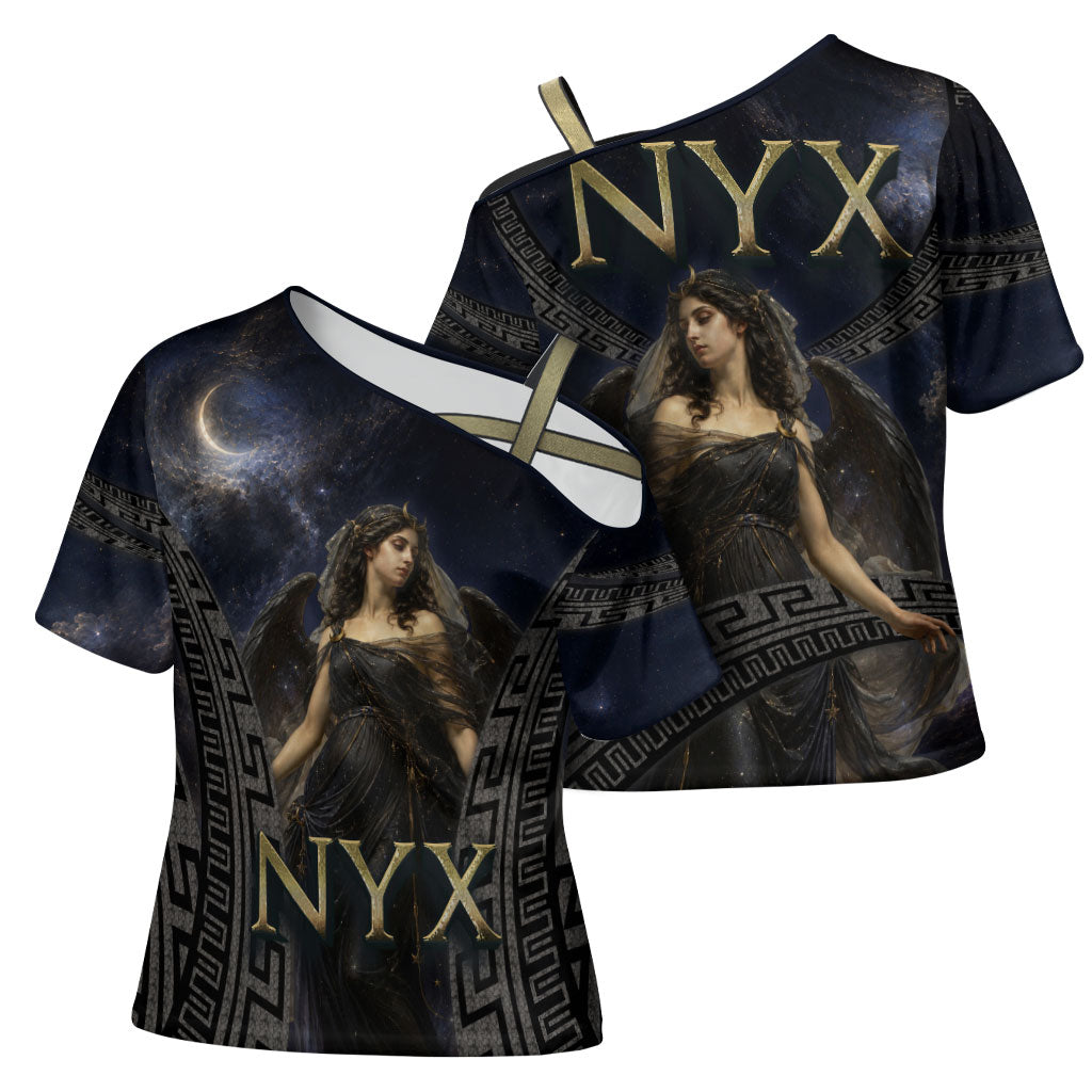 Greek Mythology Nyx Cross Shoulder Shirt Celestial Starry Night Classical Art Greek Key