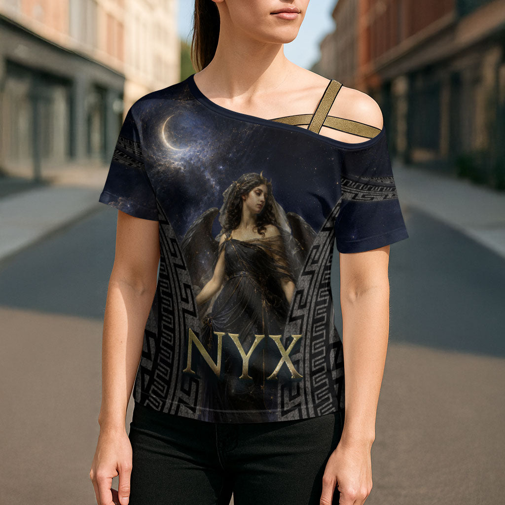 Greek Mythology Nyx Cross Shoulder Shirt Celestial Starry Night Classical Art Greek Key
