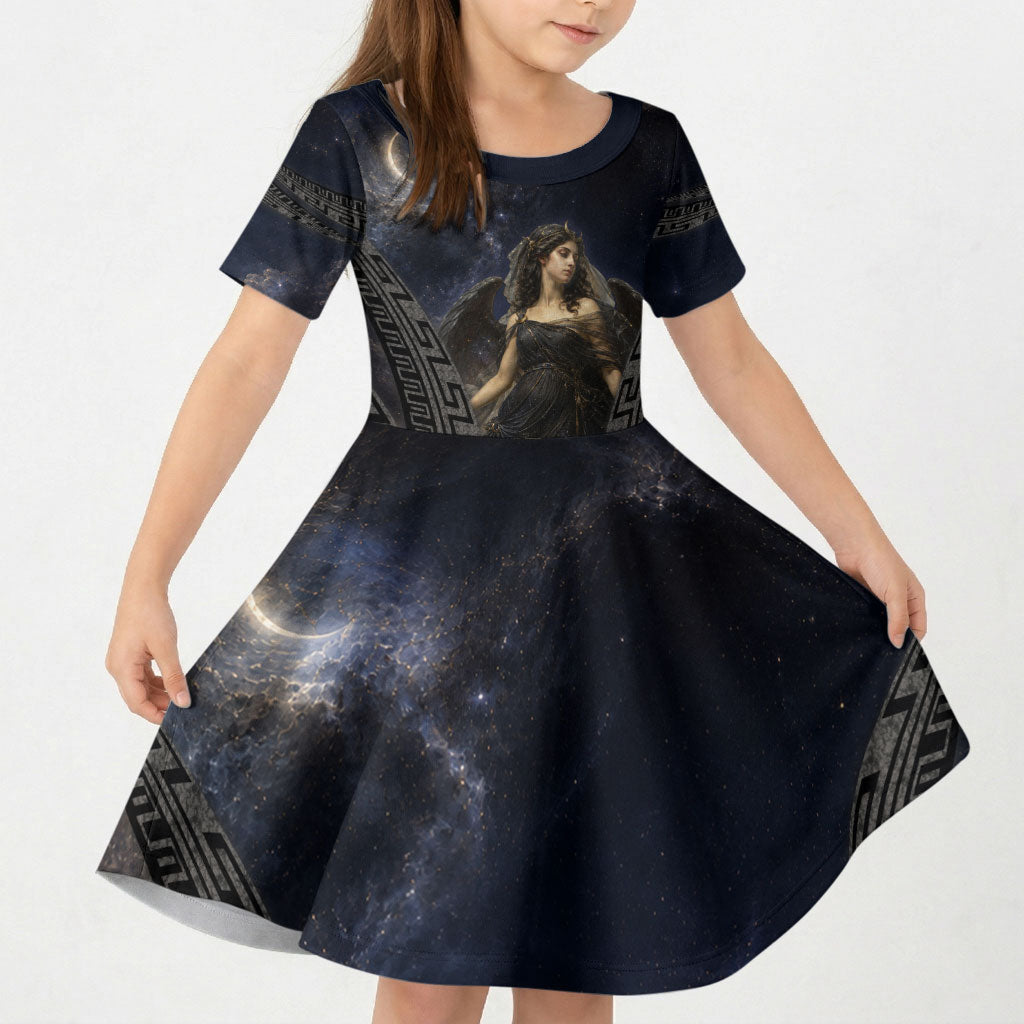 Greek Mythology Nyx Kid Short Sleeve Dress Celestial Starry Night Classical Art Greek Key