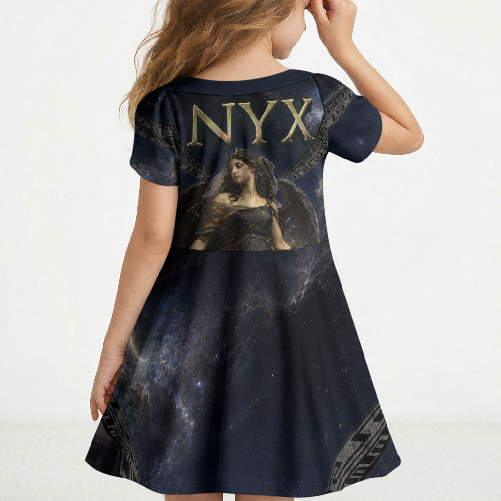 Greek Mythology Nyx Kid Short Sleeve Dress Celestial Starry Night Classical Art Greek Key