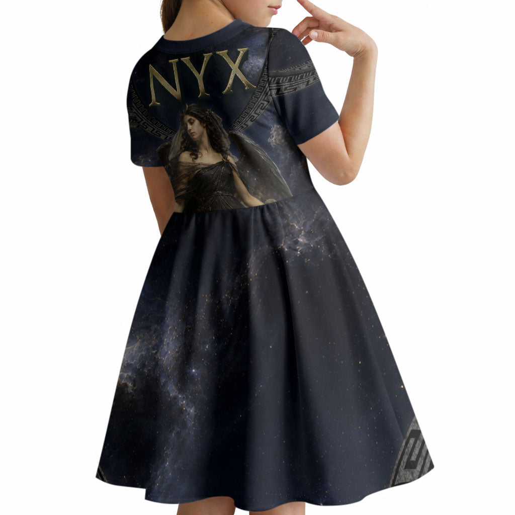 Greek Mythology Nyx Kid Short Sleeve Dress Celestial Starry Night Classical Art Greek Key