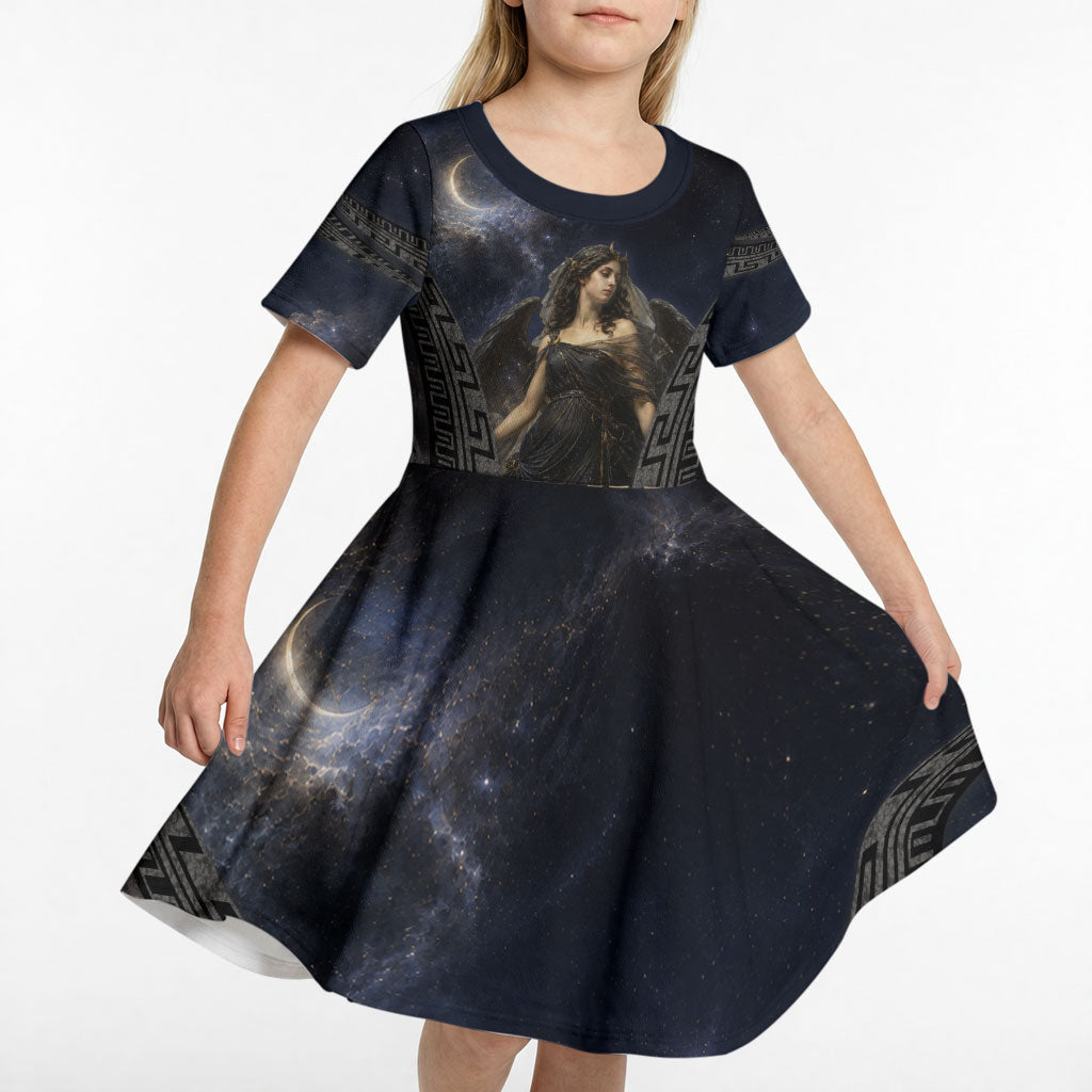Greek Mythology Nyx Kid Short Sleeve Dress Celestial Starry Night Classical Art Greek Key
