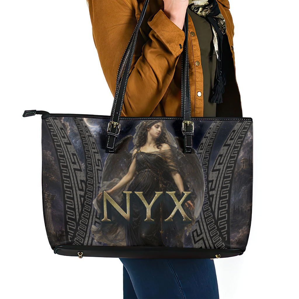Greek Mythology Nyx Leather Tote Bag Celestial Starry Night Classical Art Greek Key