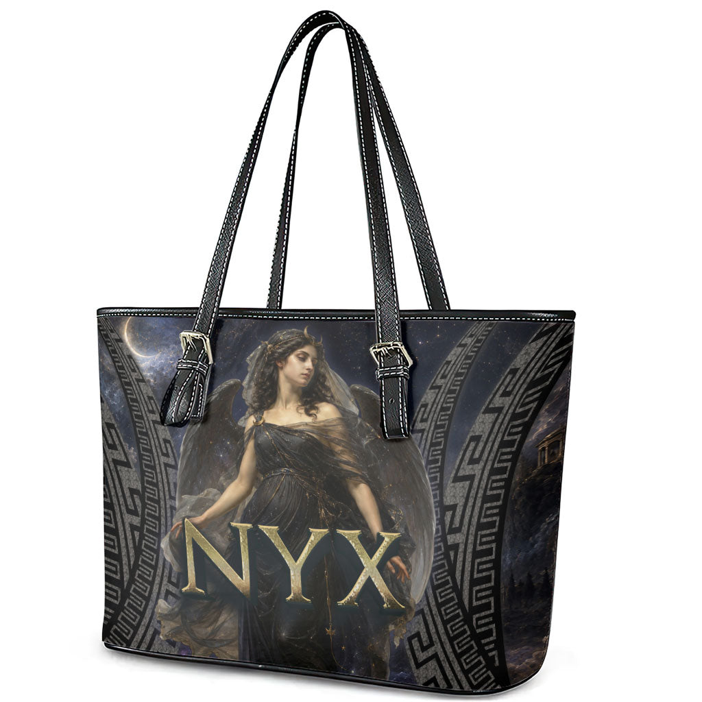 Greek Mythology Nyx Leather Tote Bag Celestial Starry Night Classical Art Greek Key