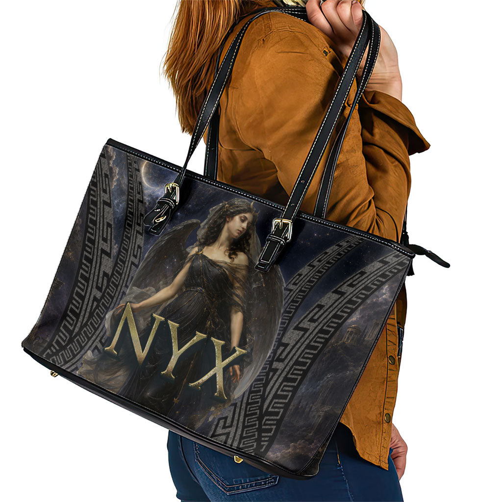Greek Mythology Nyx Leather Tote Bag Celestial Starry Night Classical Art Greek Key