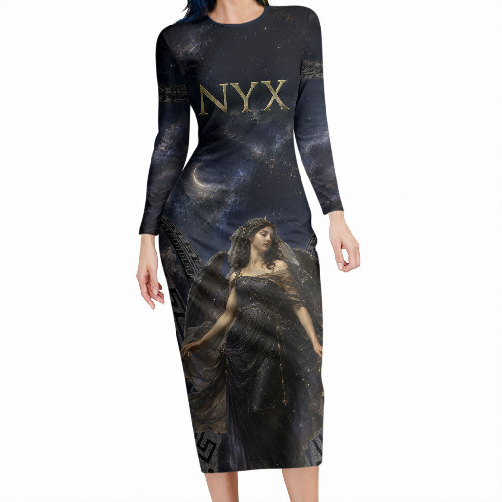 Greek Mythology Nyx Long Sleeve Bodycon Dress Celestial Starry Night Classical Art Greek Key