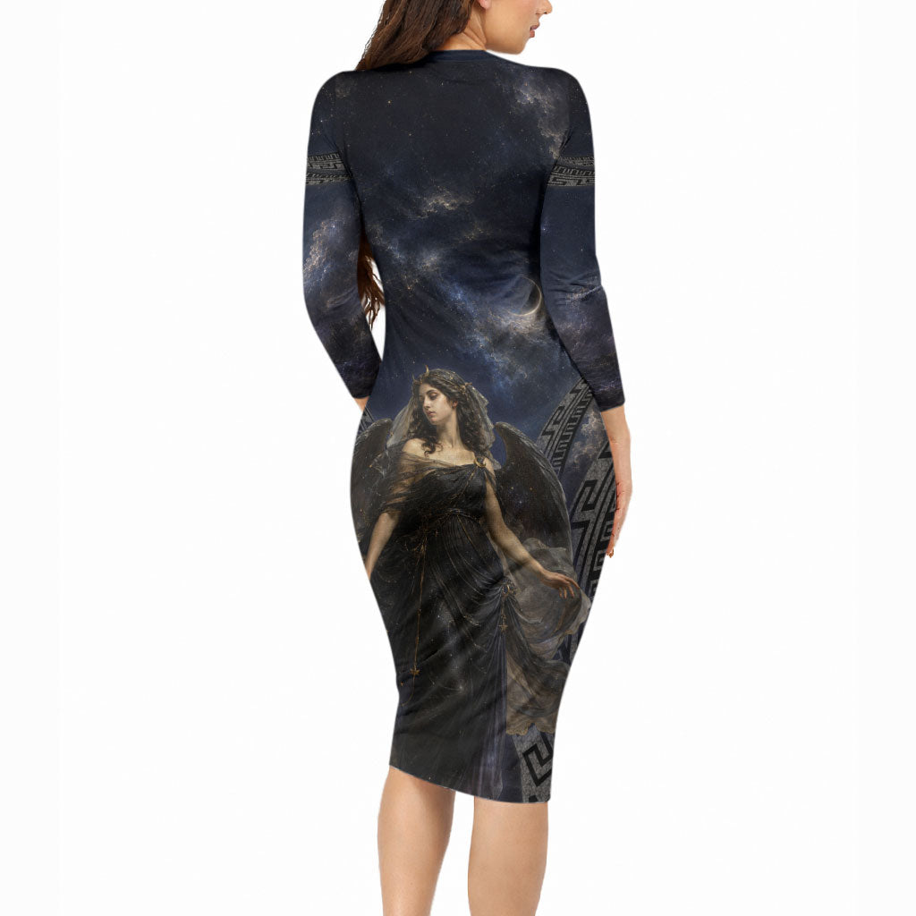 Greek Mythology Nyx Long Sleeve Bodycon Dress Celestial Starry Night Classical Art Greek Key