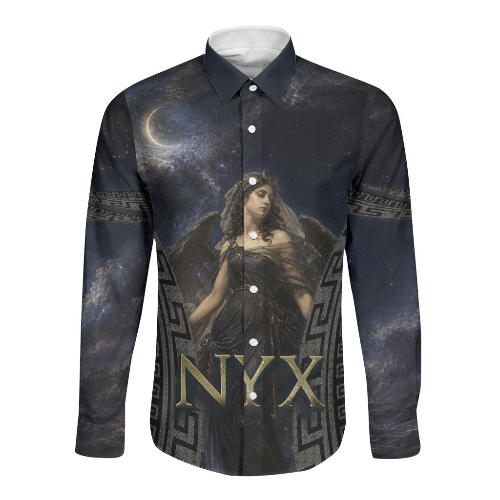 Greek Mythology Nyx Long Sleeve Button Shirt Celestial Starry Night Classical Art Greek Key