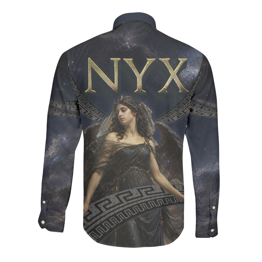 Greek Mythology Nyx Long Sleeve Button Shirt Celestial Starry Night Classical Art Greek Key