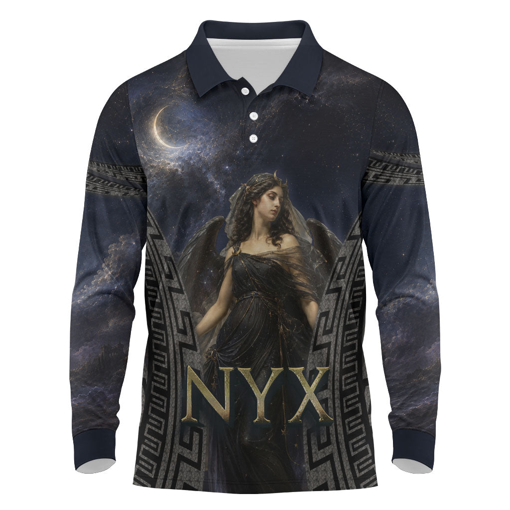 Greek Mythology Nyx Long Sleeve Polo Shirt Celestial Starry Night Classical Art Greek Key
