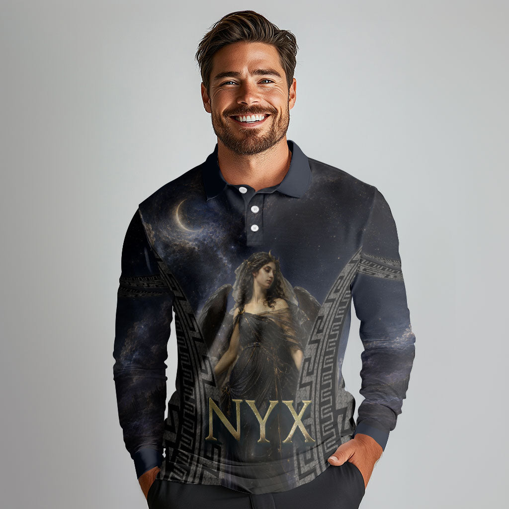 Greek Mythology Nyx Long Sleeve Polo Shirt Celestial Starry Night Classical Art Greek Key