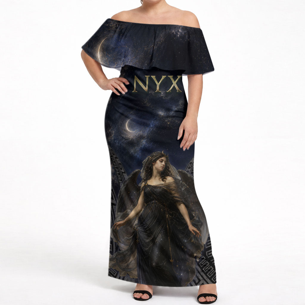 Greek Mythology Nyx Off Shoulder Maxi Dress Celestial Starry Night Classical Art Greek Key