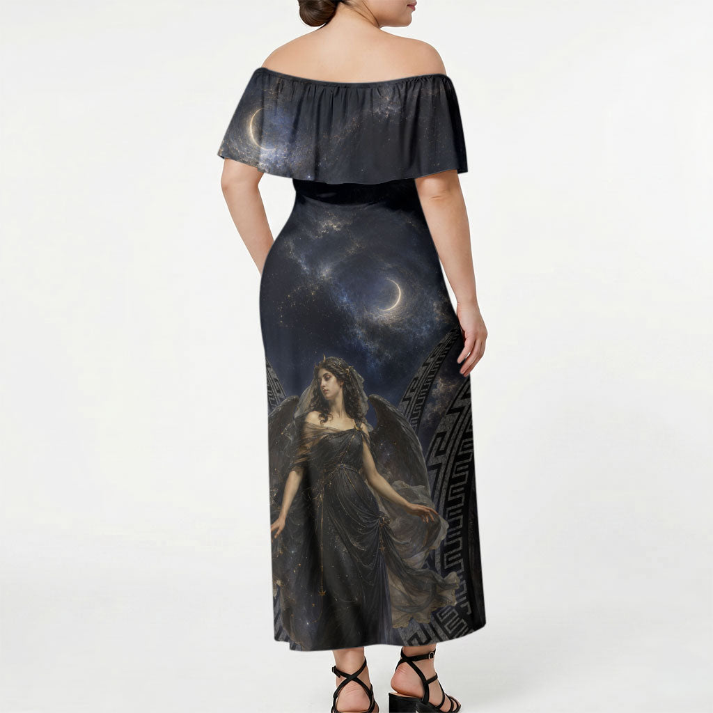 Greek Mythology Nyx Off Shoulder Maxi Dress Celestial Starry Night Classical Art Greek Key