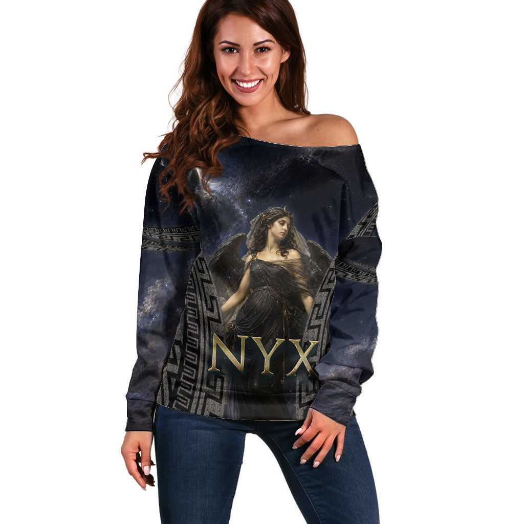 Greek Mythology Nyx Off Shoulder Sweater Celestial Starry Night Classical Art Greek Key