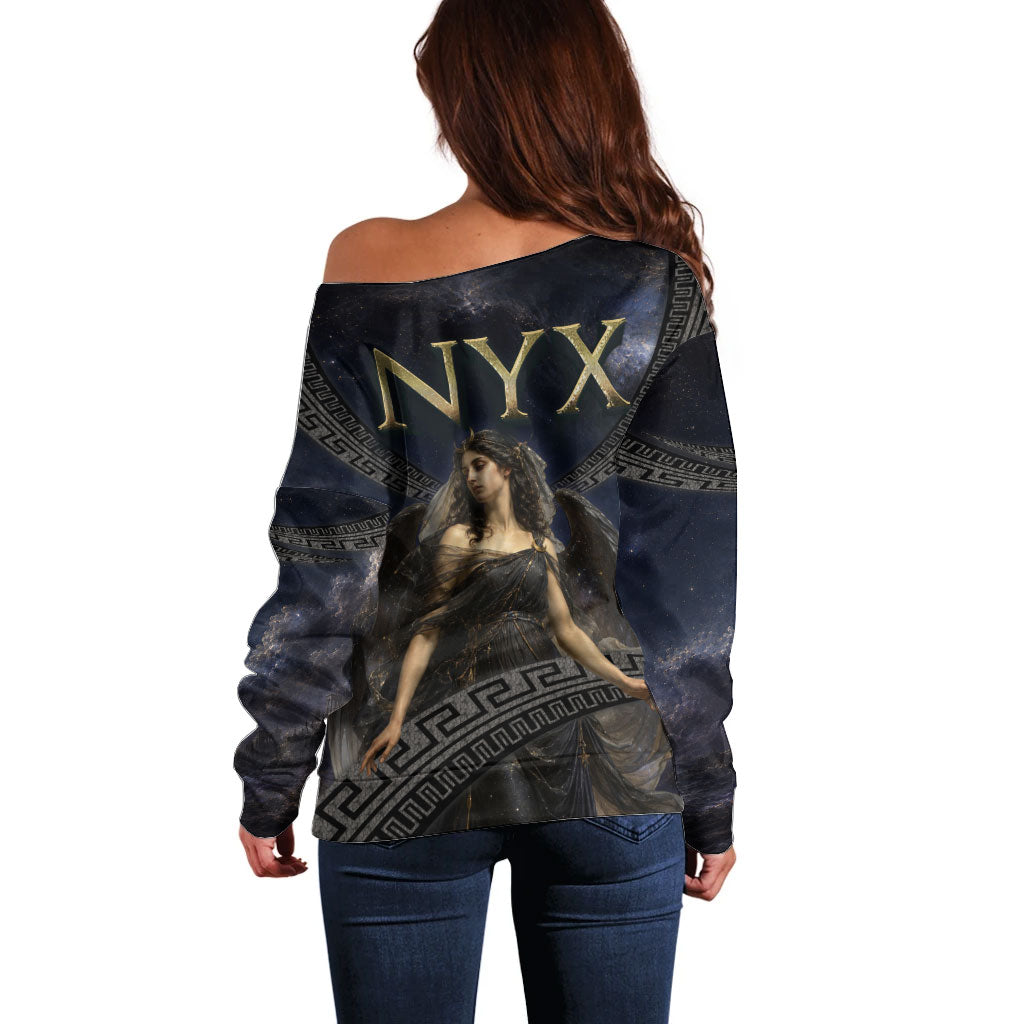 Greek Mythology Nyx Off Shoulder Sweater Celestial Starry Night Classical Art Greek Key