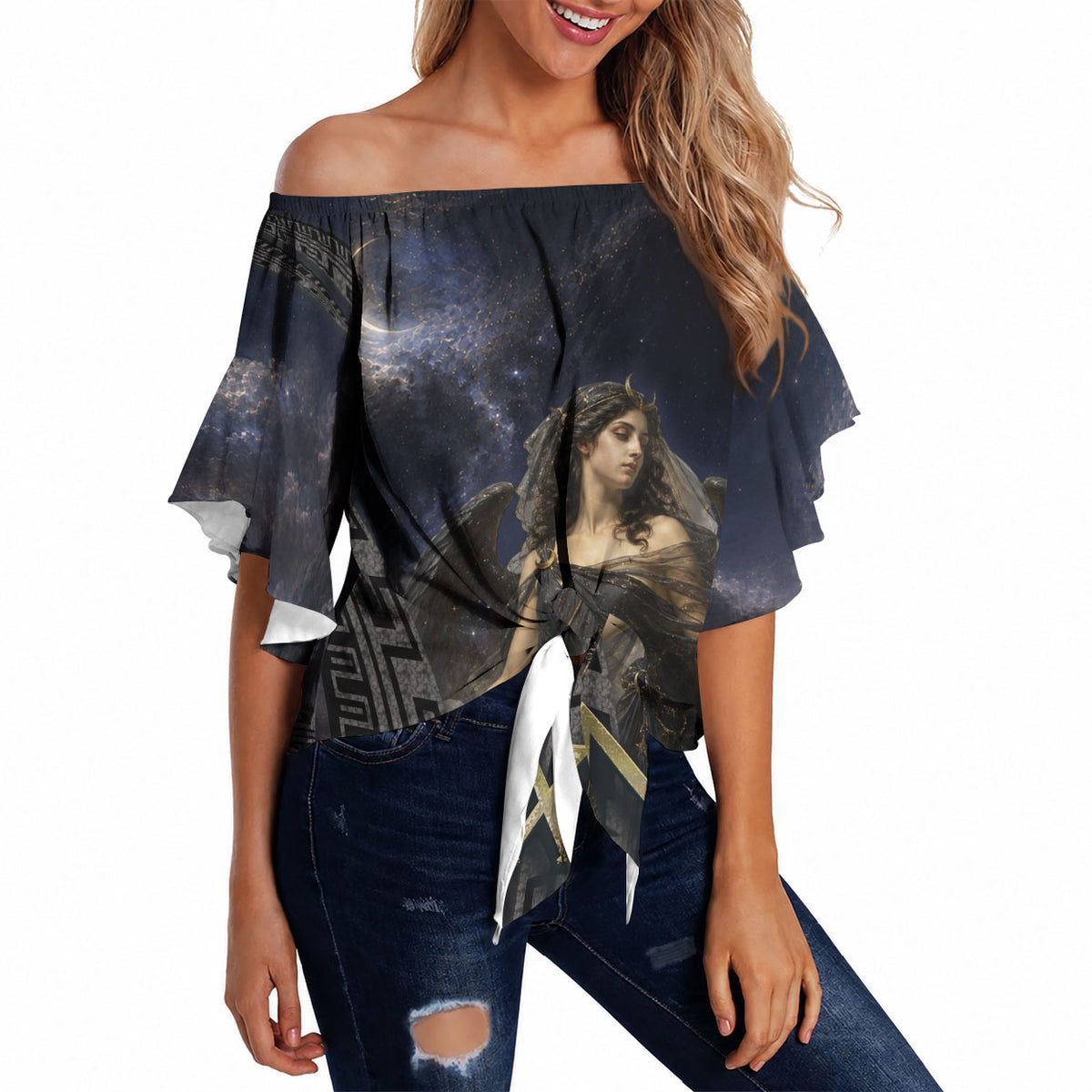 Greek Mythology Nyx Off Shoulder Wrap Waist Top Celestial Starry Night Classical Art Greek Key