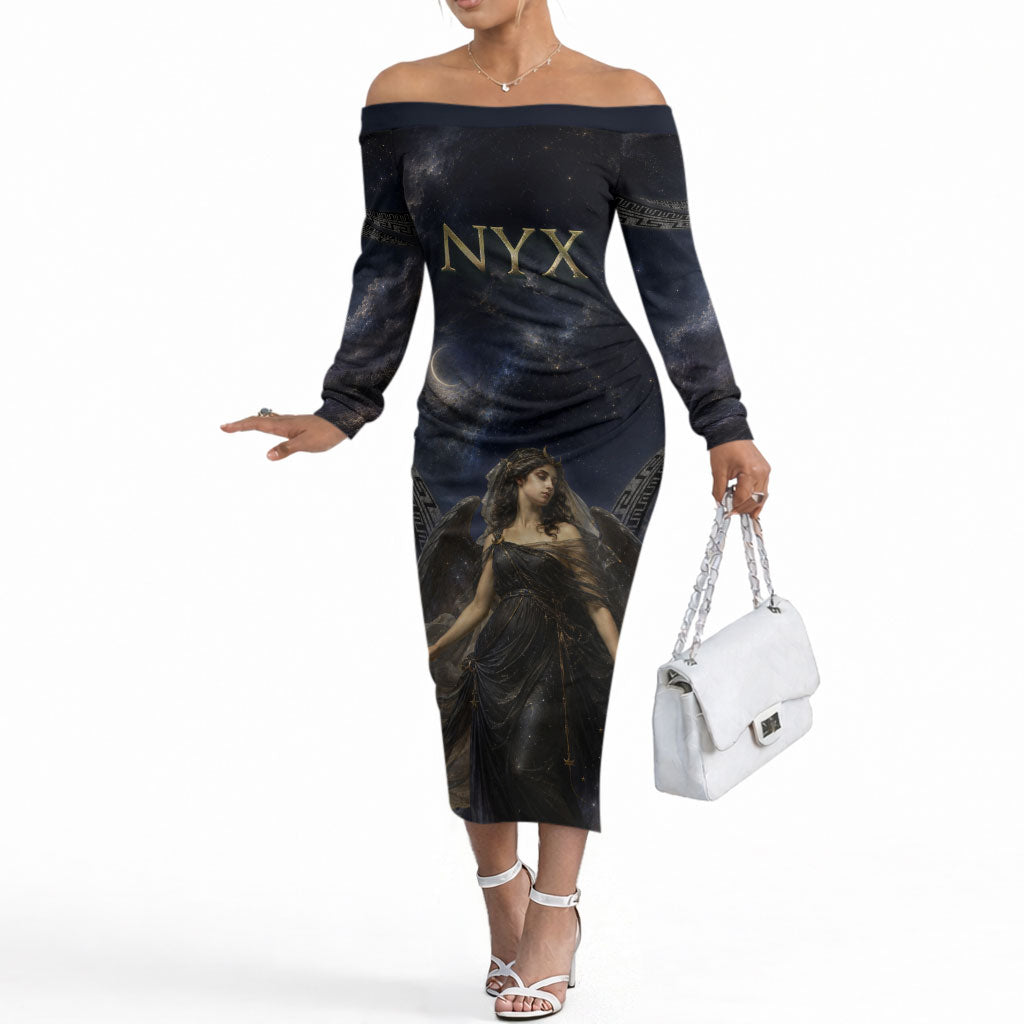 Greek Mythology Nyx Off The Shoulder Long Sleeve Dress Celestial Starry Night Classical Art Greek Key