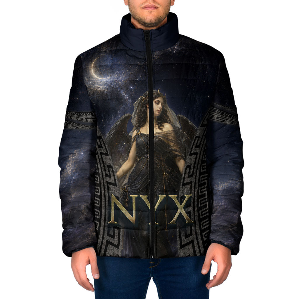 Greek Mythology Nyx Padded Jacket Celestial Starry Night Classical Art Greek Key