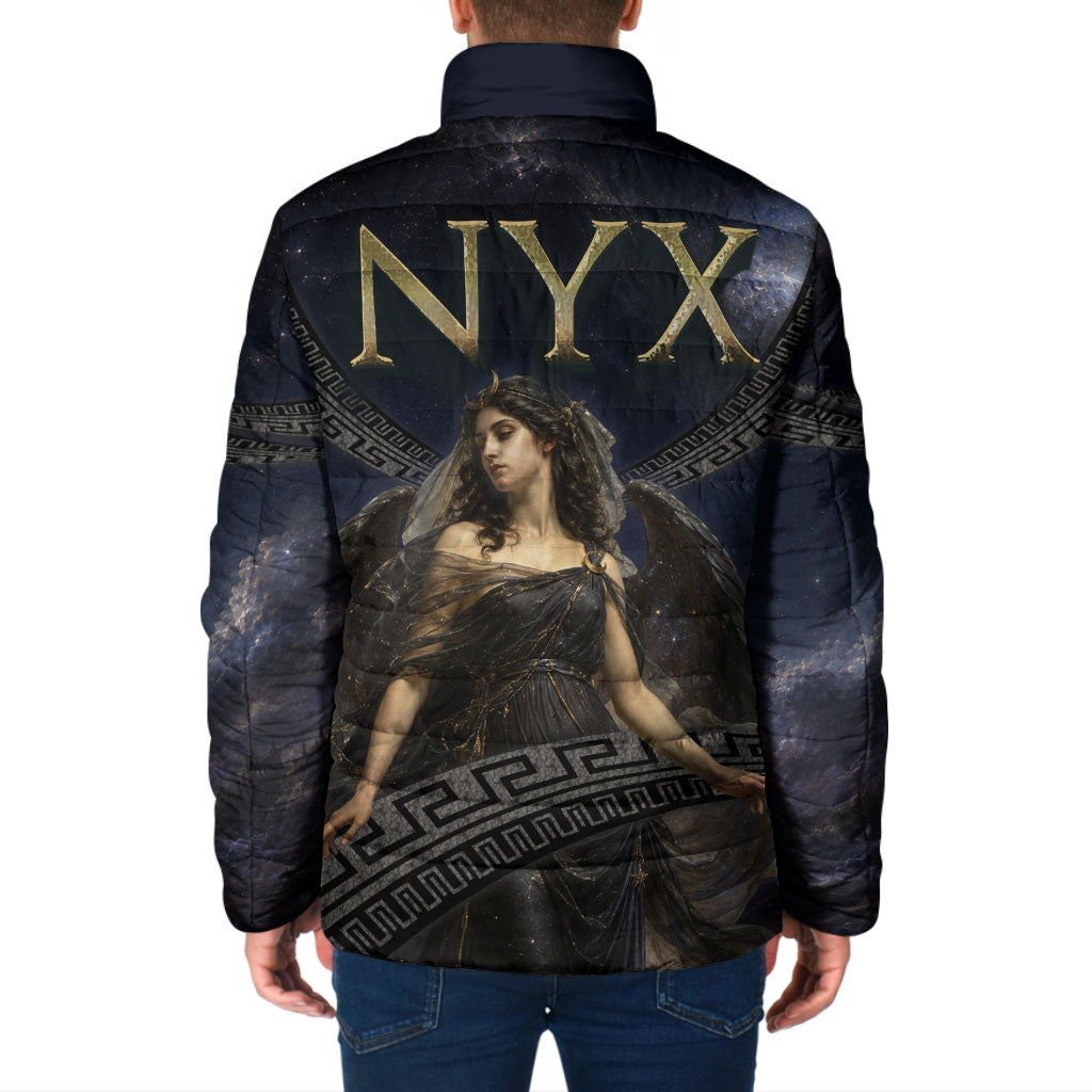 Greek Mythology Nyx Padded Jacket Celestial Starry Night Classical Art Greek Key