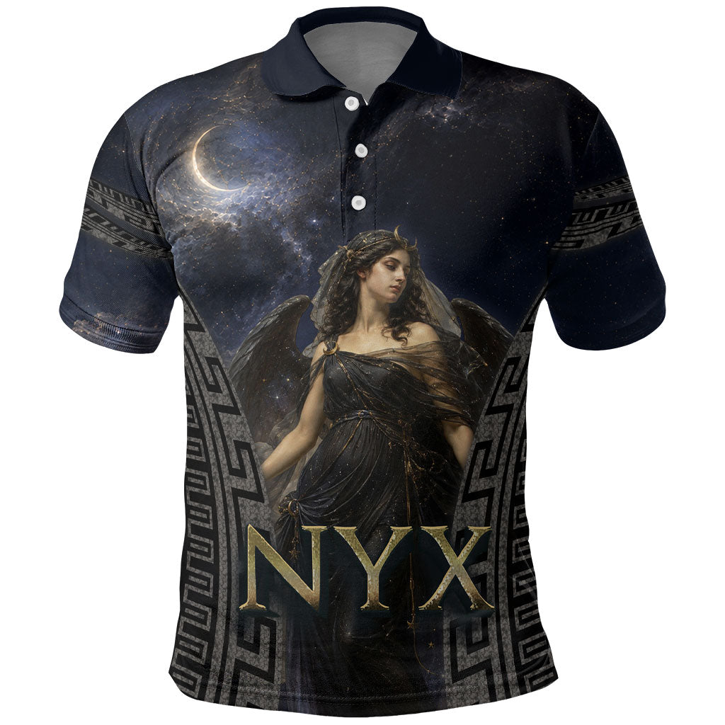Greek Mythology Nyx Polo Shirt Celestial Starry Night Classical Art Greek Key