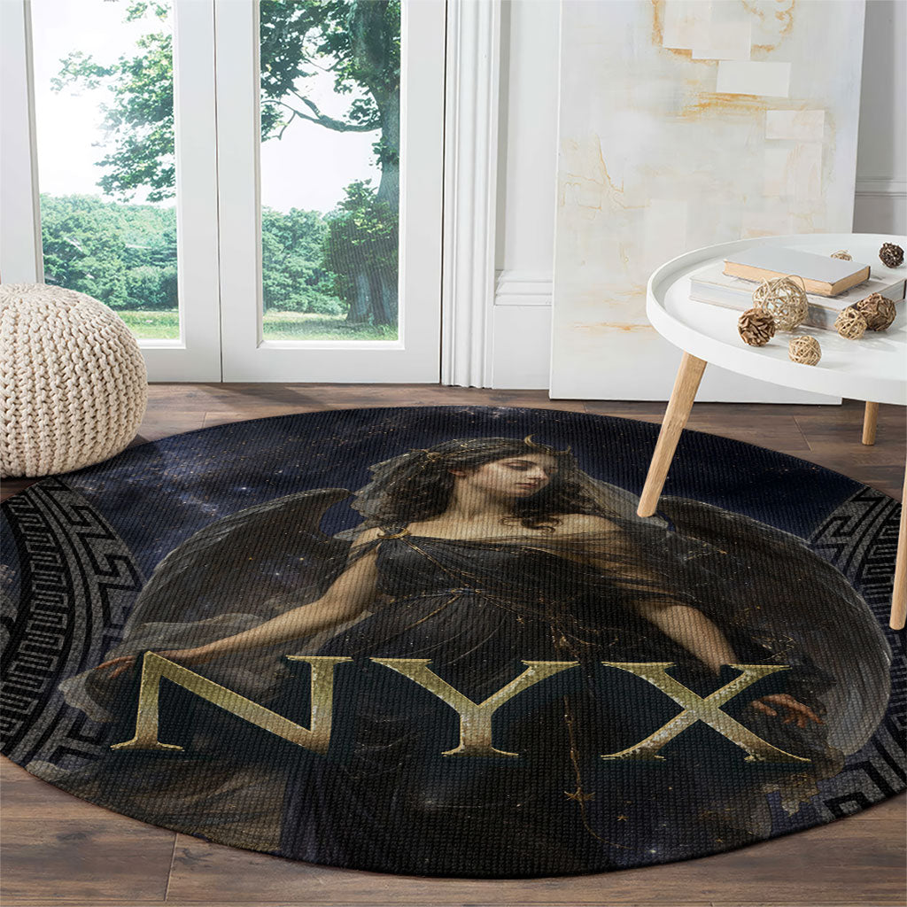 Greek Mythology Nyx Round Carpet Celestial Starry Night Classical Art Greek Key