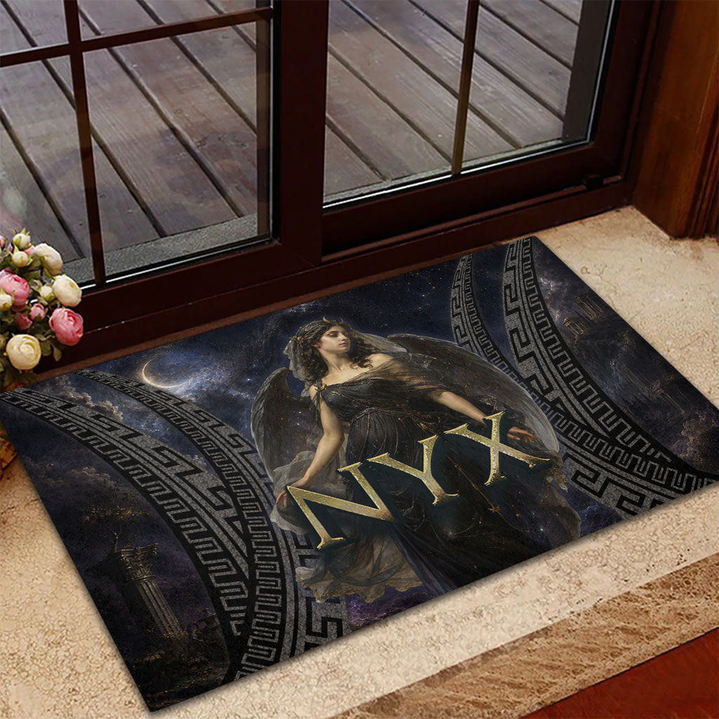 Greek Mythology Nyx Rubber Doormat Celestial Starry Night Classical Art Greek Key