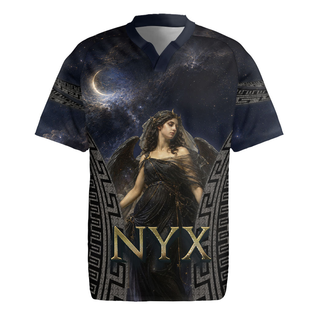 Greek Mythology Nyx Rugby Jersey Celestial Starry Night Classical Art Greek Key