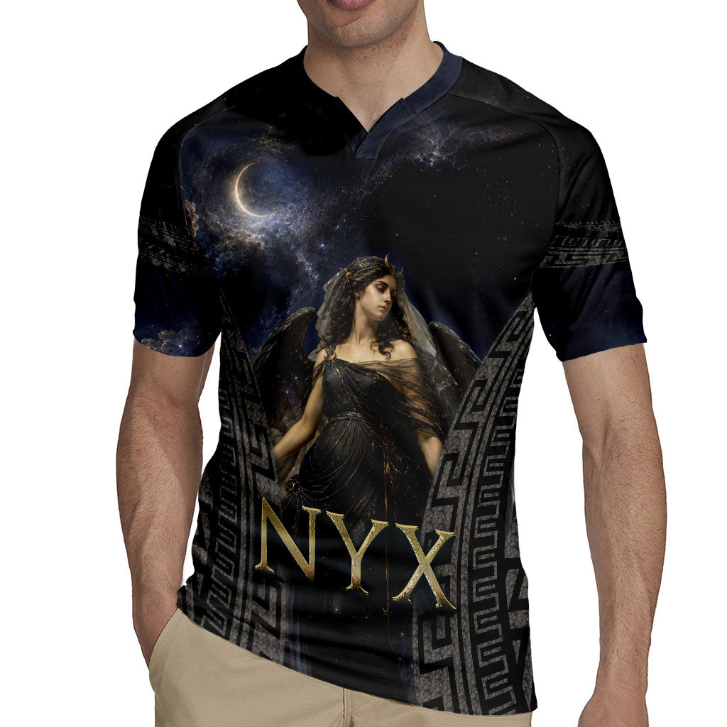 Greek Mythology Nyx Rugby Jersey Celestial Starry Night Classical Art Greek Key