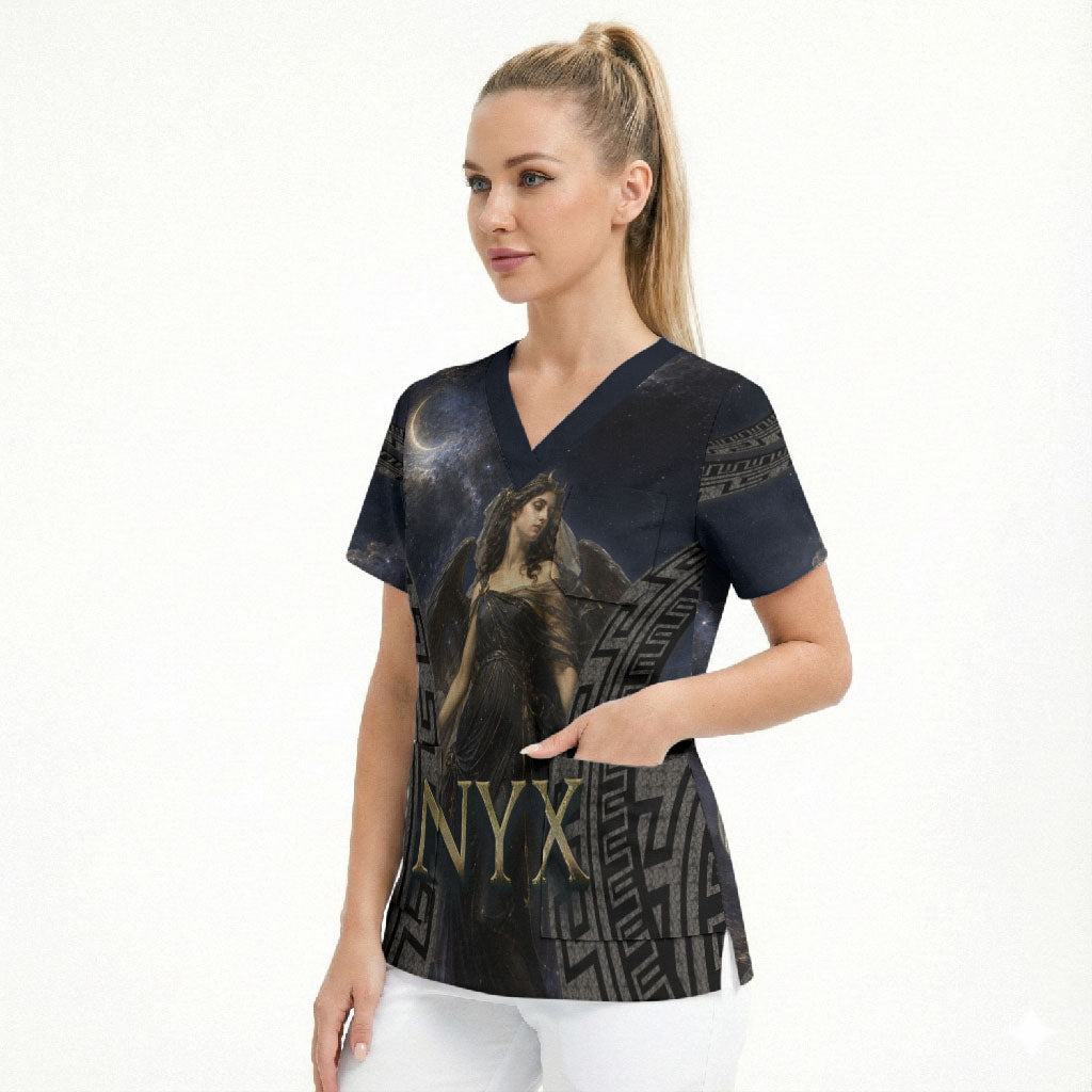 Greek Mythology Nyx Scrub Top Celestial Starry Night Classical Art Greek Key