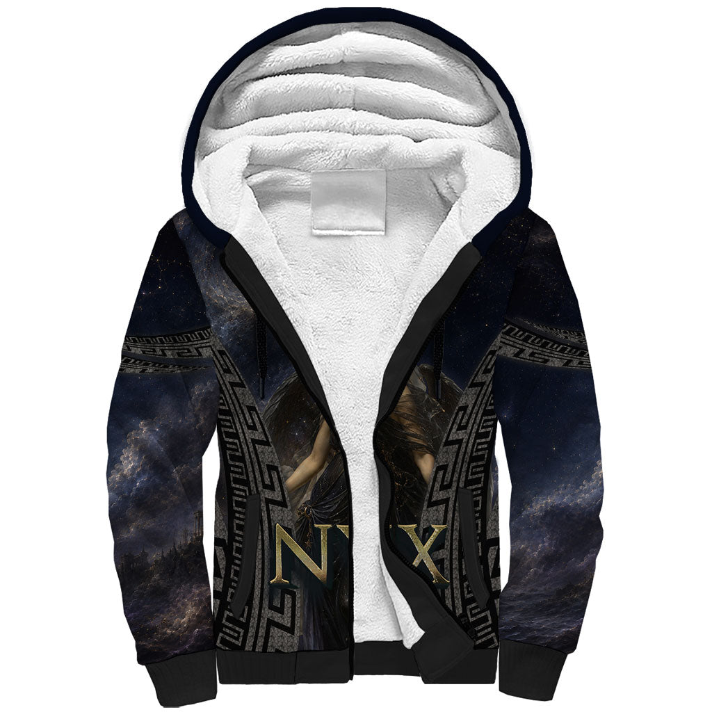 Greek Mythology Nyx Sherpa Hoodie Celestial Starry Night Classical Art Greek Key