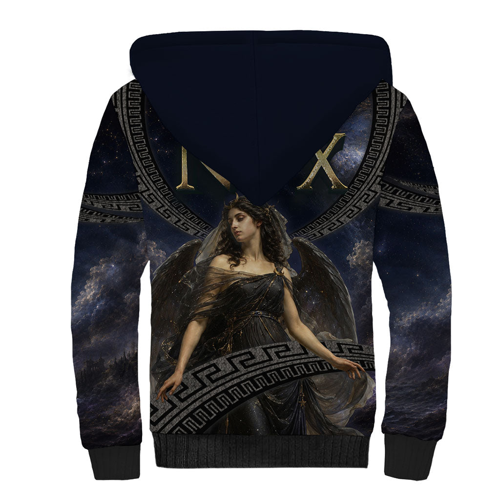 Greek Mythology Nyx Sherpa Hoodie Celestial Starry Night Classical Art Greek Key